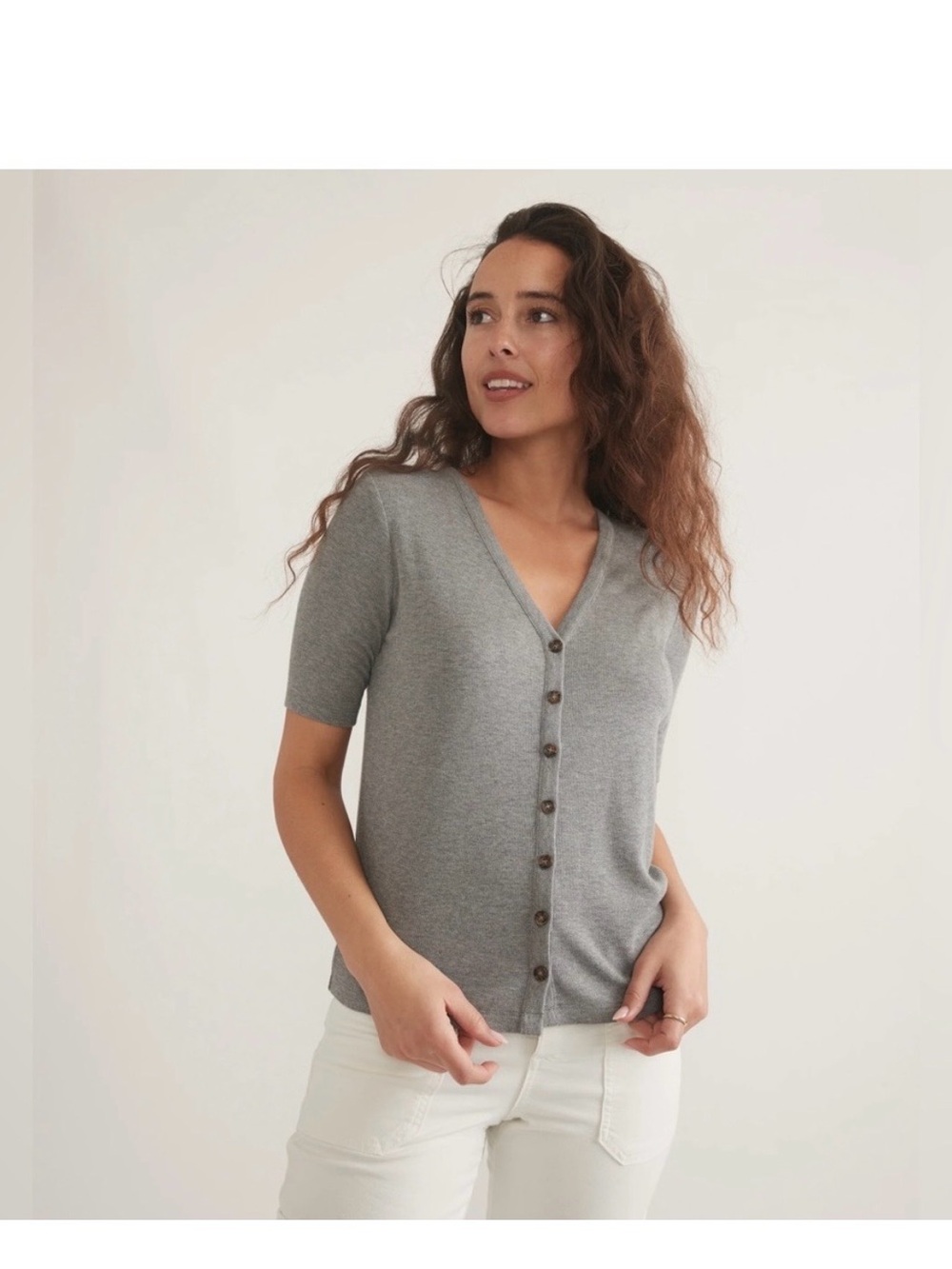 Marine Layer Lexi Rib Button-Front Top - Gray